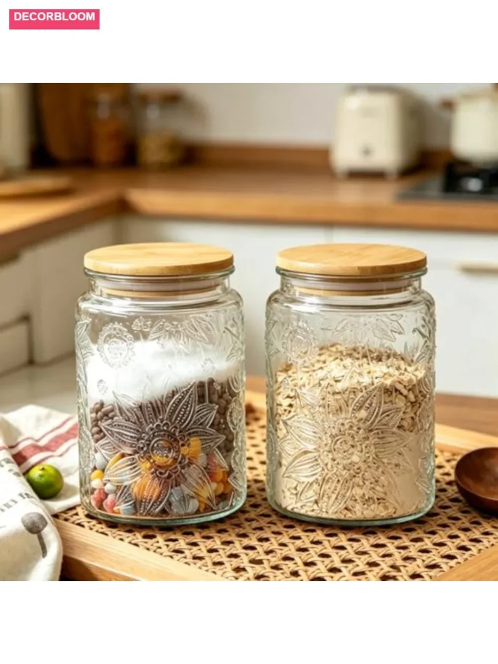 Vintage Airtight Glass Storage Jars with Bamboo Lids, 24 oz, Set of 2